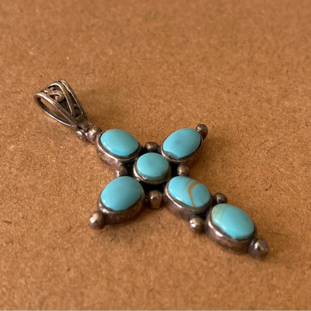 Sterling Silver Turquoise Cross Pendant Vintage Southwest Boho Artist Signed - Picture 3 of 12
